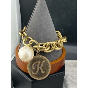 Vintage Maximal Art Charm Bracelet Gold Initial K Coin Faux Pearl 7.5"‎
